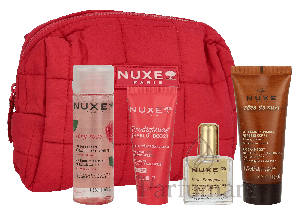 Nuxe Travel Set Very Rose Micellar Water 50 ml/Prodigieuse Boost Cream - Gel 10 ml/Reve De Miel Cleansing Gel 30ml/Creme Fraiche Cream 15ml/Pouch 105 ml