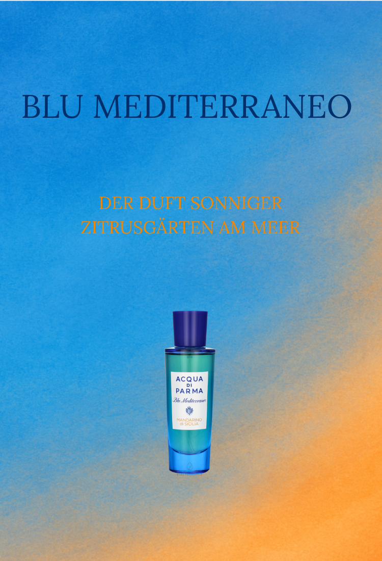 Parfümwerbung mit blau-orangefarbenem Hintergrund