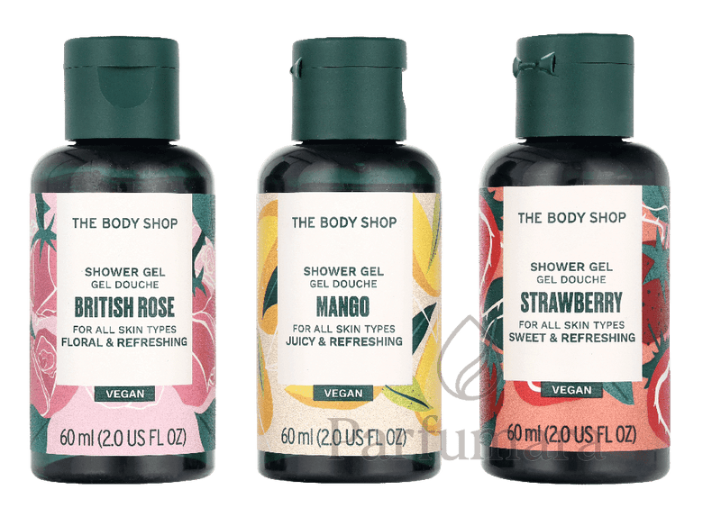 The Body Shop G1 Shower Gel Trio Set Pink Grapefruit Shower Gel 60ml/Strawberry Shower Gel 60ml/British Rose Shower Gel 60ml 180 ml