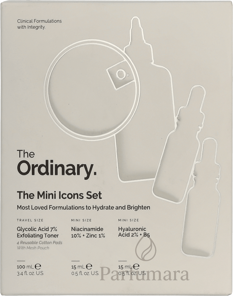The Ordinary The Mini Icons Set Glycolic Acid Exfoliating Toner 100ml/Niacinamide 15ml/Hyaluronic Acid 15ml/4 Cotton Pads/Mesh Pouch 130 ml