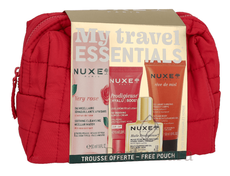 Nuxe Travel Set Very Rose Micellar Water 50 ml/Prodigieuse Boost Cream - Gel 10 ml/Reve De Miel Cleansing Gel 30ml/Creme Fraiche Cream 15ml/Pouch 105 ml